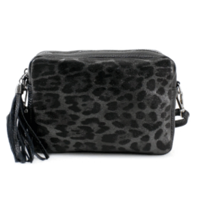 A small rectangular black leather crossbody bag with a subtle leopard print pattern. The bag features a zip-top closure, a detachable shoulder strap, and a decorative leather tassel on the side. The surface has a slightly glossy, textured finish.