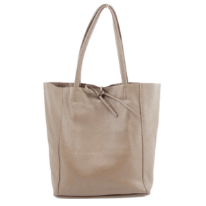 A beige leather shopper bag with a soft, pebbled texture. The bag has two long handles and a simple tie closure at the top. The design is minimalist and unstructured, ideal for everyday use.